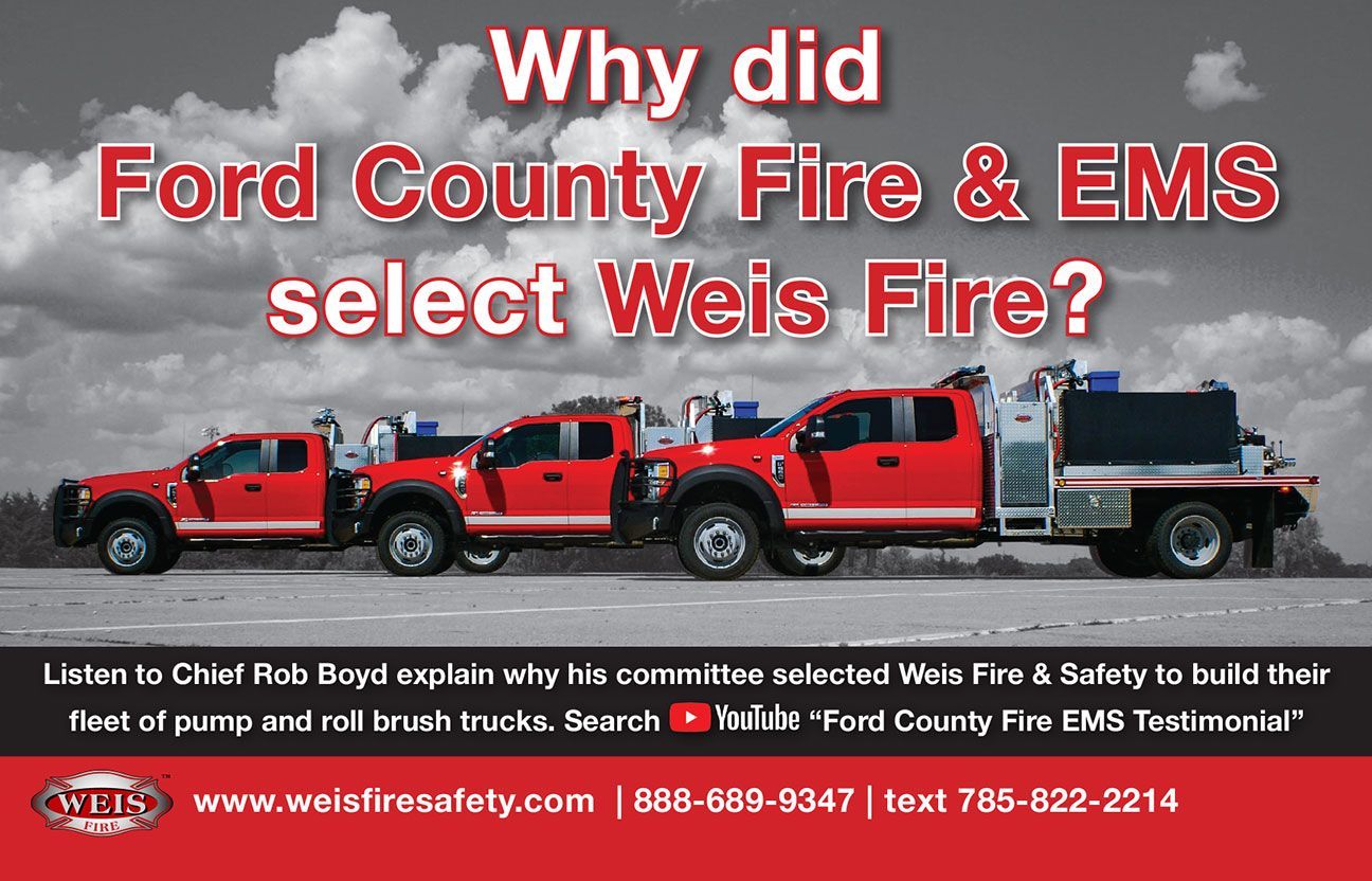 Red fire trucks and EMS vehicle under text asking why Ford County Fire & EMS selected Weis Fire