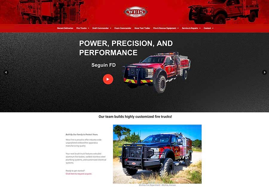 Red truck on black-and-red promotional banner with the text “Power, Precision, and Performance”