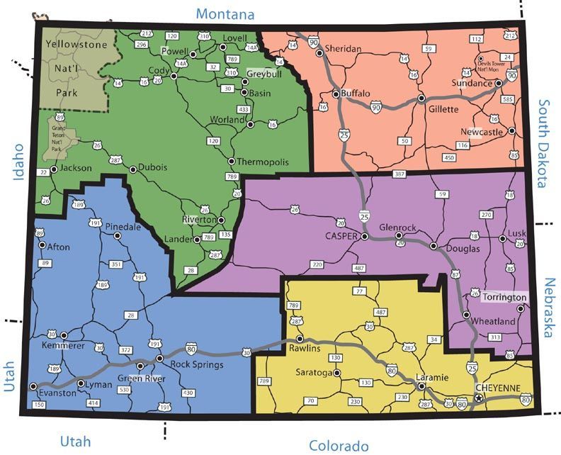 Color-coded map of a U.S. state divided into districts, with neighboring states labeled around the border.