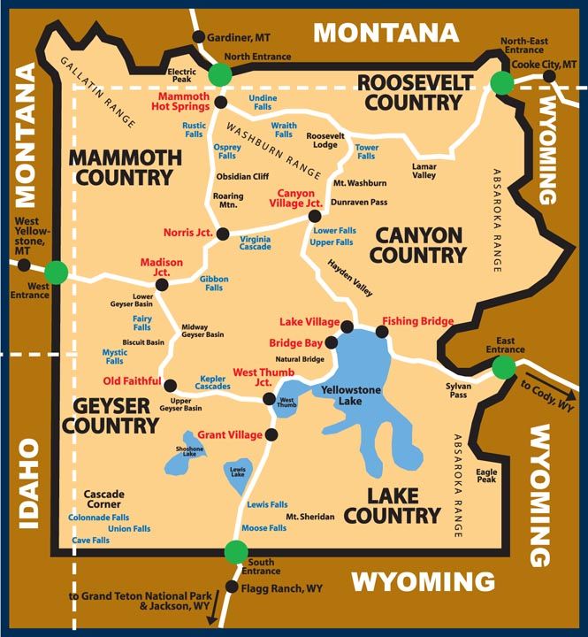 Colorful map of Yellowstone National Park showing regions, roads, and nearby Montana, Idaho, and Wyoming borders