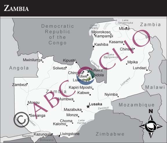 Map of Zambia with marked route and circles highlighting locations across the country.