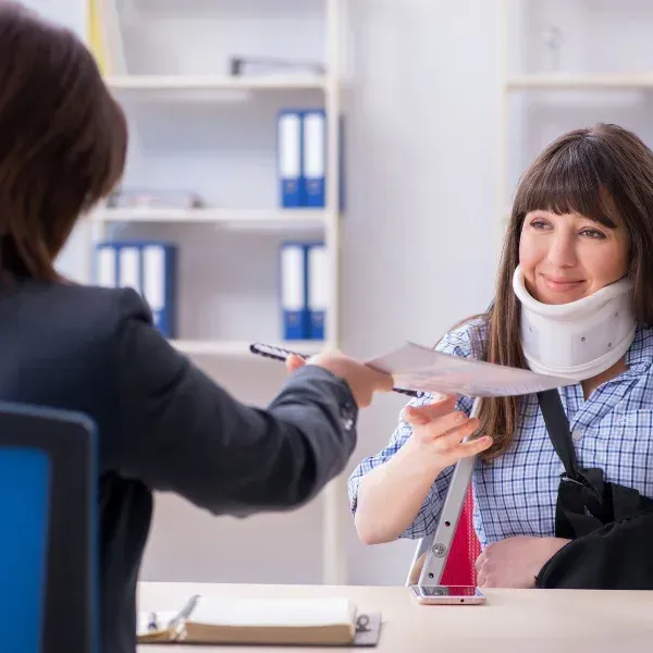 Image showing an attorney helping a truck accident victim receive compensation. 