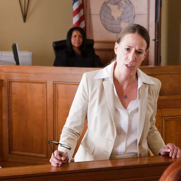 Image of a lawyer representing a client's rights in court.
