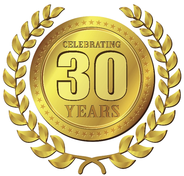 Gold medallion with “Celebrating 30 Years” text surrounded by laurel leaves.