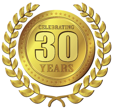 Gold medallion with “Celebrating 30 Years” text surrounded by laurel leaves.