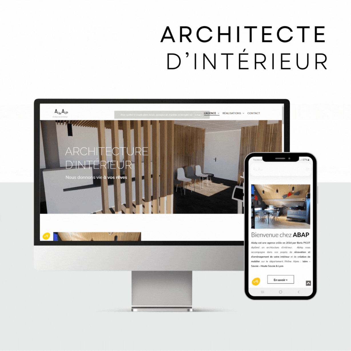 Un écran d'ordinateur et un téléphone portable affichent un site Web pour architecte d'intérieur.