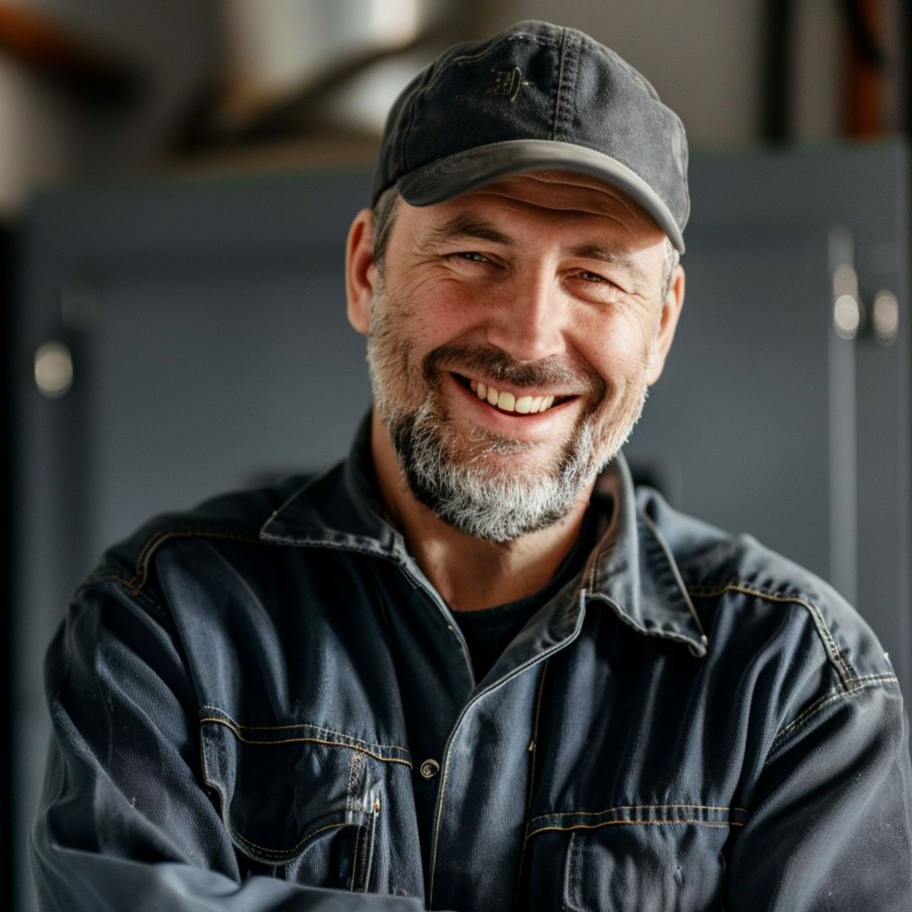Un homme avec une barbe et un chapeau sourit à la caméra