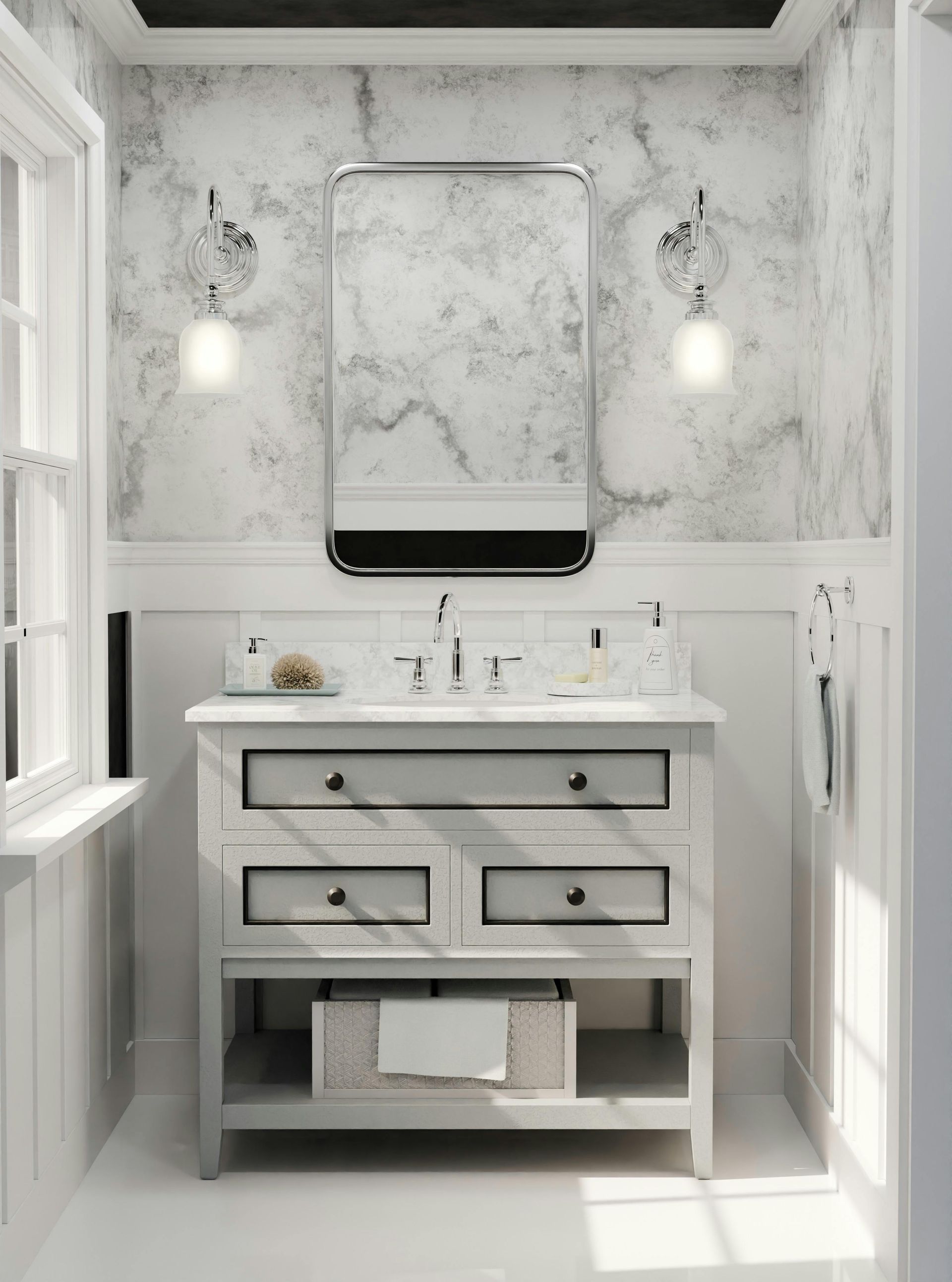 Une salle de bain avec un lavabo, un miroir et une fenêtre.