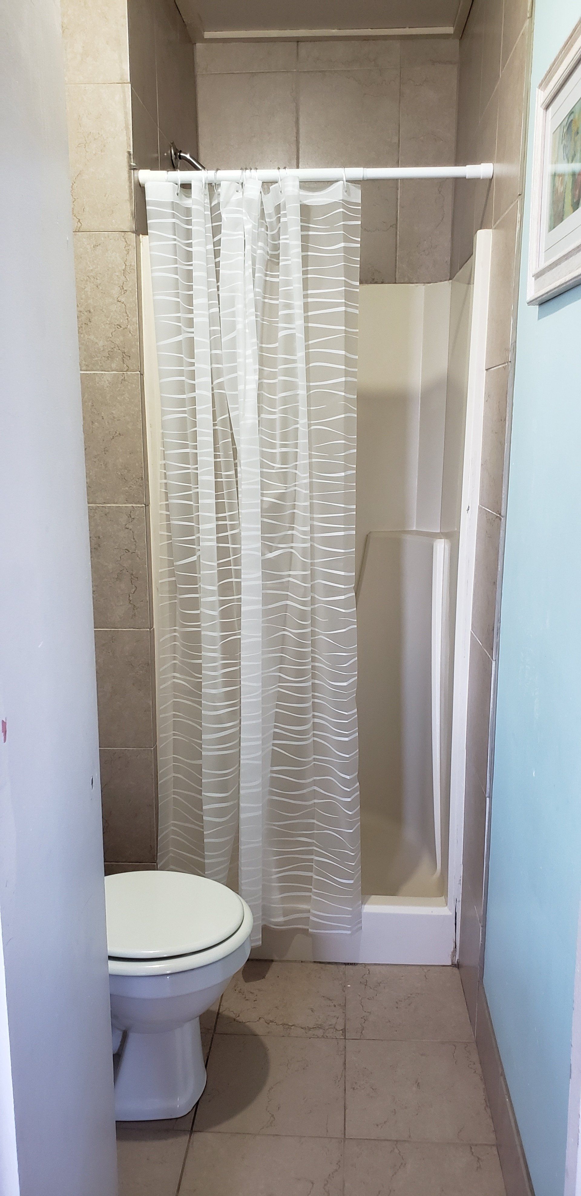 A bathroom with a toilet , shower and shower curtain.