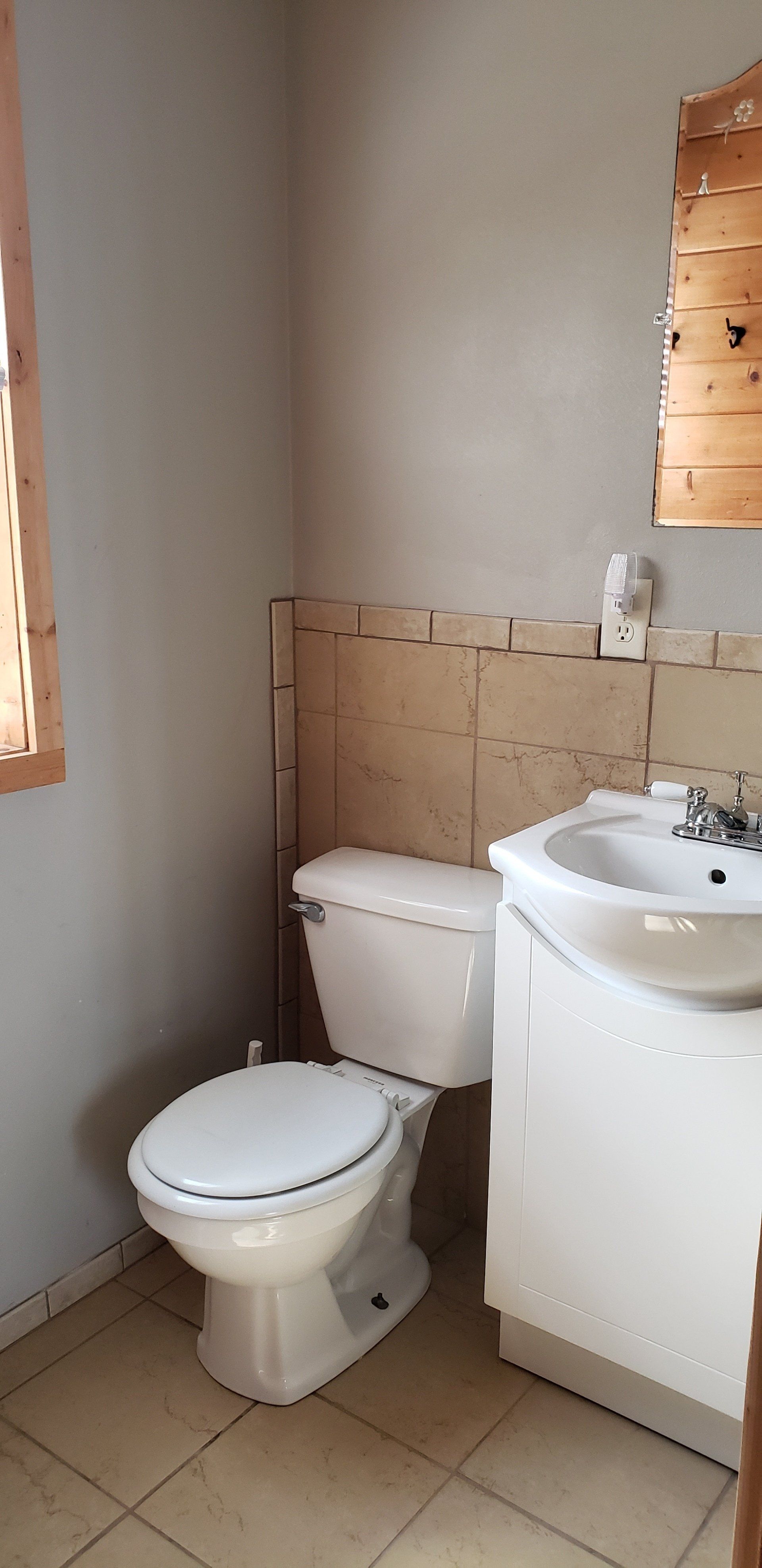 A bathroom with a toilet , sink and mirror.