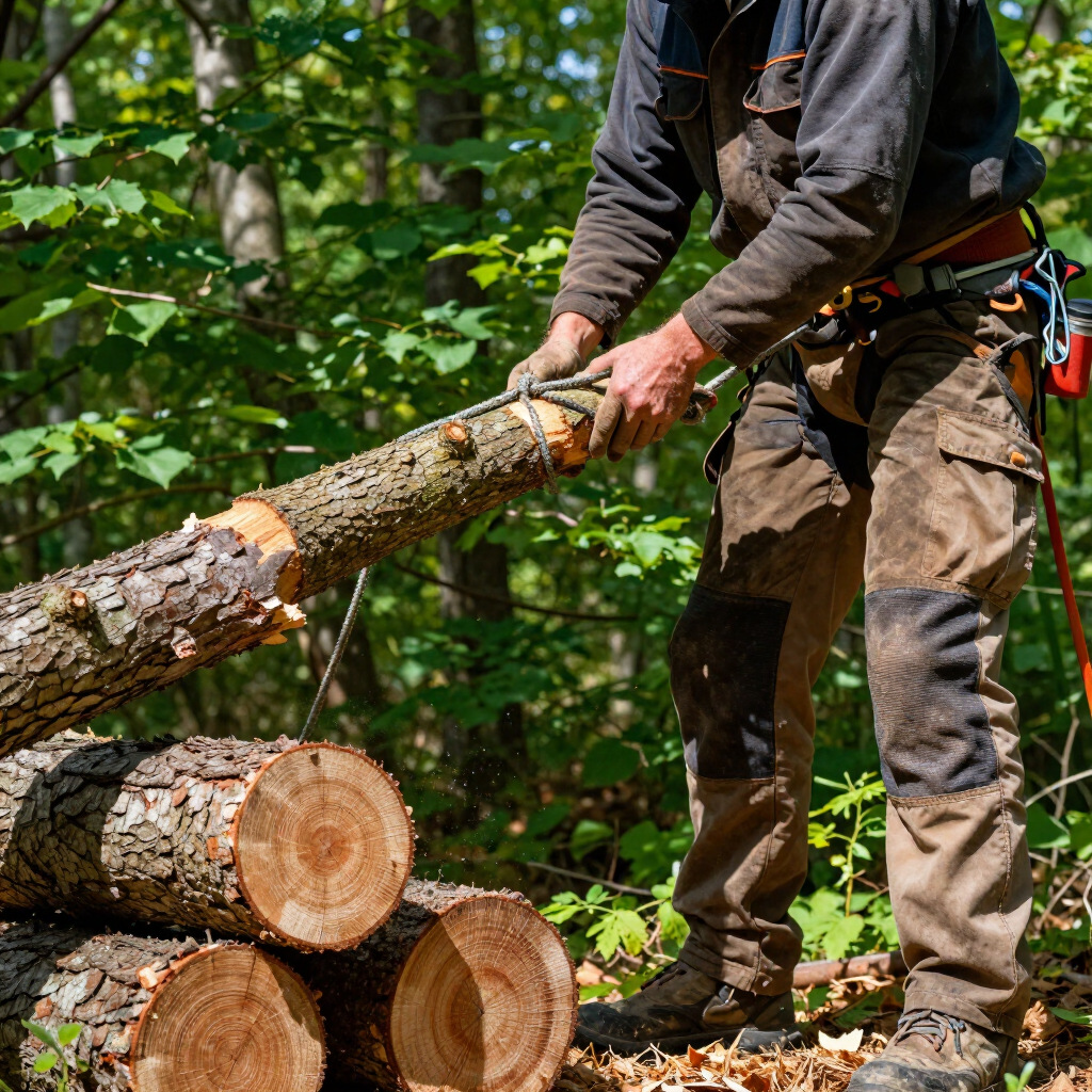 Person in work clothes sawing a tree trunk outdoors beside stacked logs in a wooded area