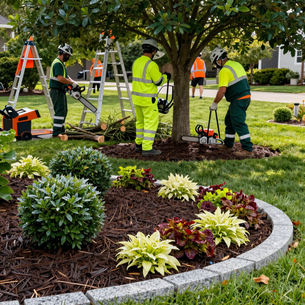 Landscapers pruning a tree and maintaining a flower bed in a suburban garden.