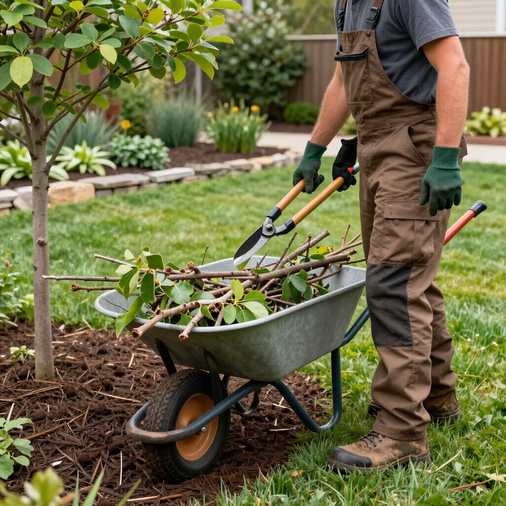 Gardener in brown overalls pushing a wheelbarrow of branches through a landscaped yard