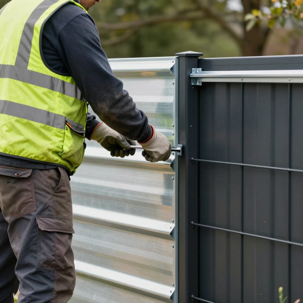 Worker in a neon vest fastening a metal fence panel to a post outdoors.