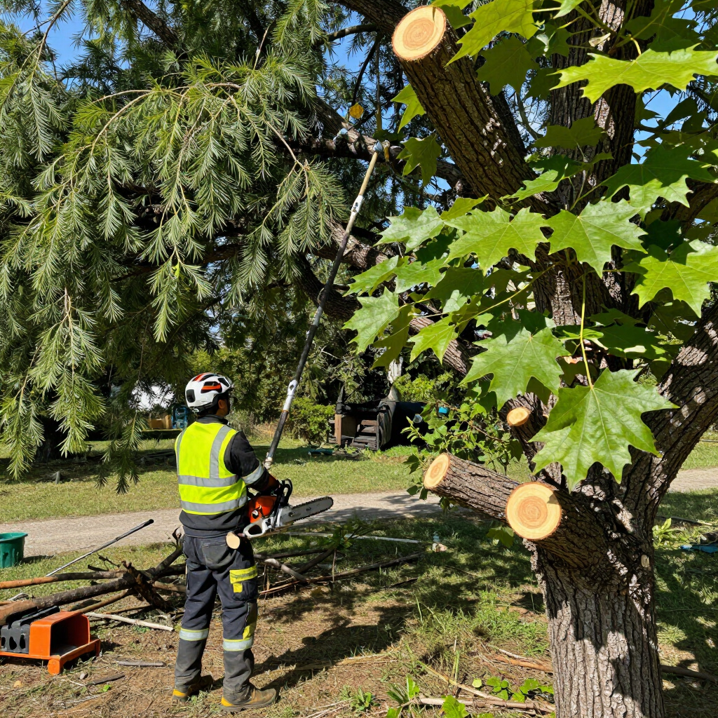 Worker in safety gear cutting a tree limb in a sunny yard with a chainsaw