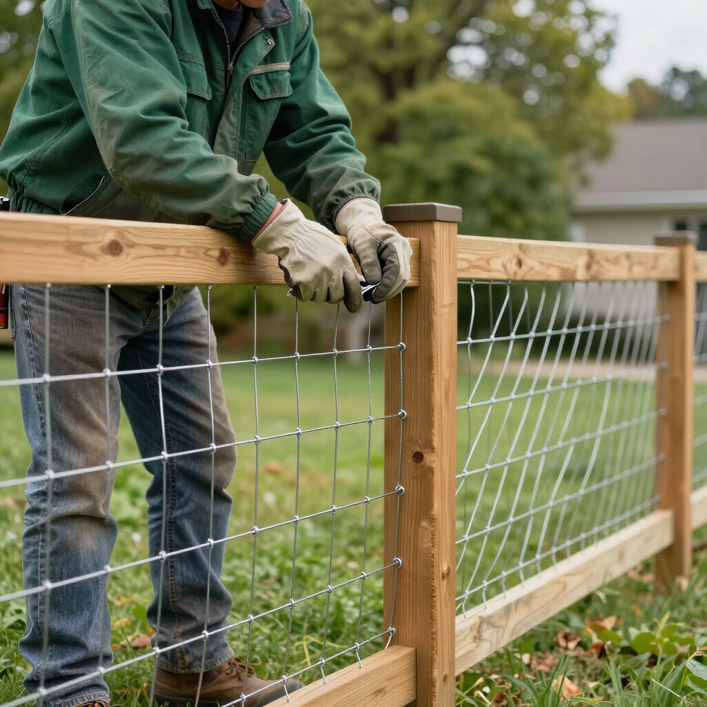 Worker fastening wire mesh to a wooden fence in a grassy yard
