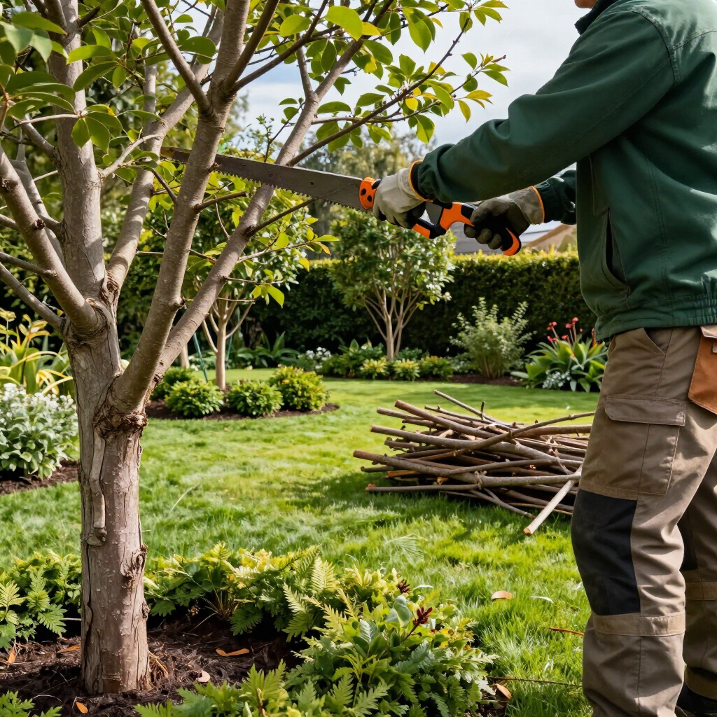 Person trimming a tree with a hedge trimmer in a sunny garden, with cut branches piled nearby