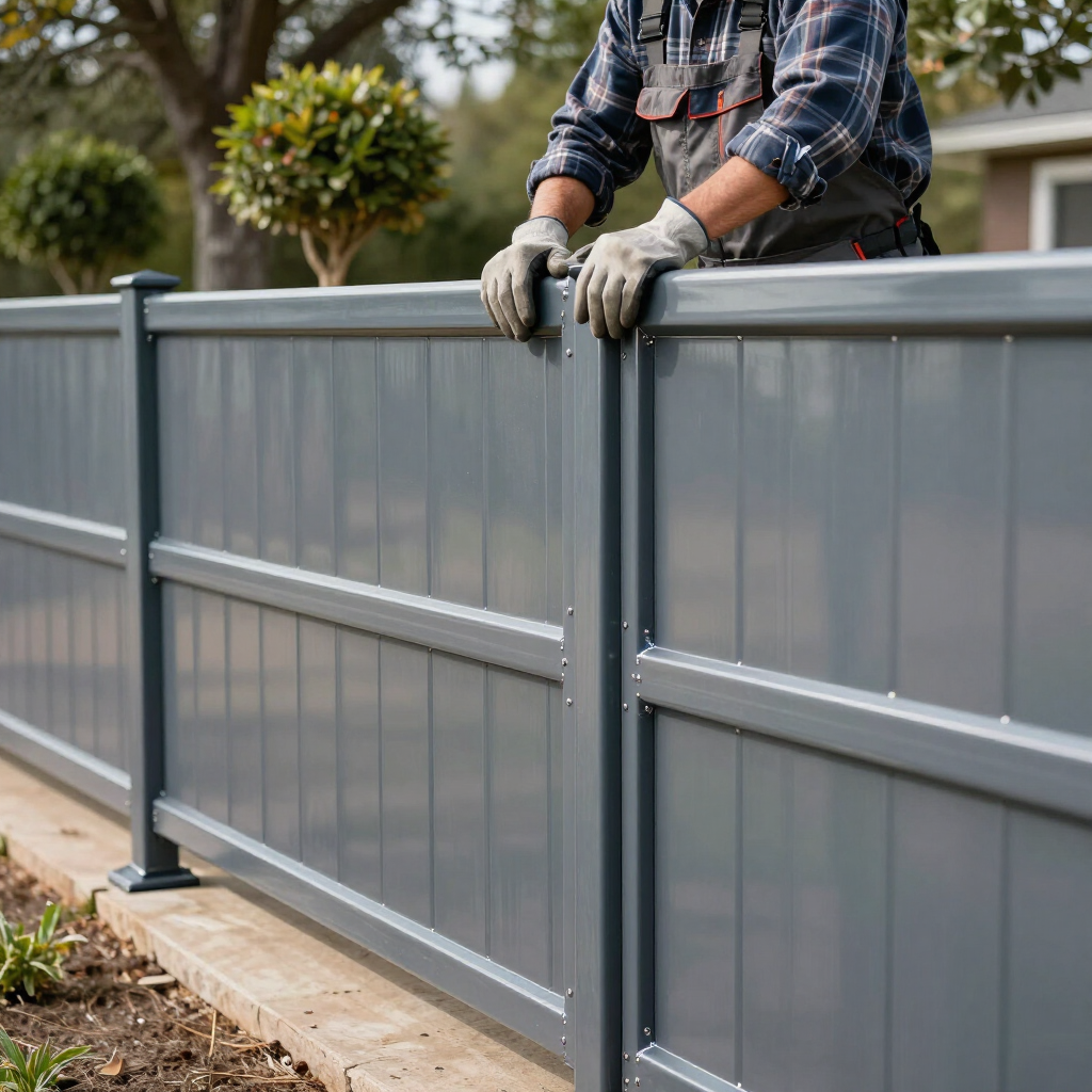 Worker installing a gray metal fence along a garden path