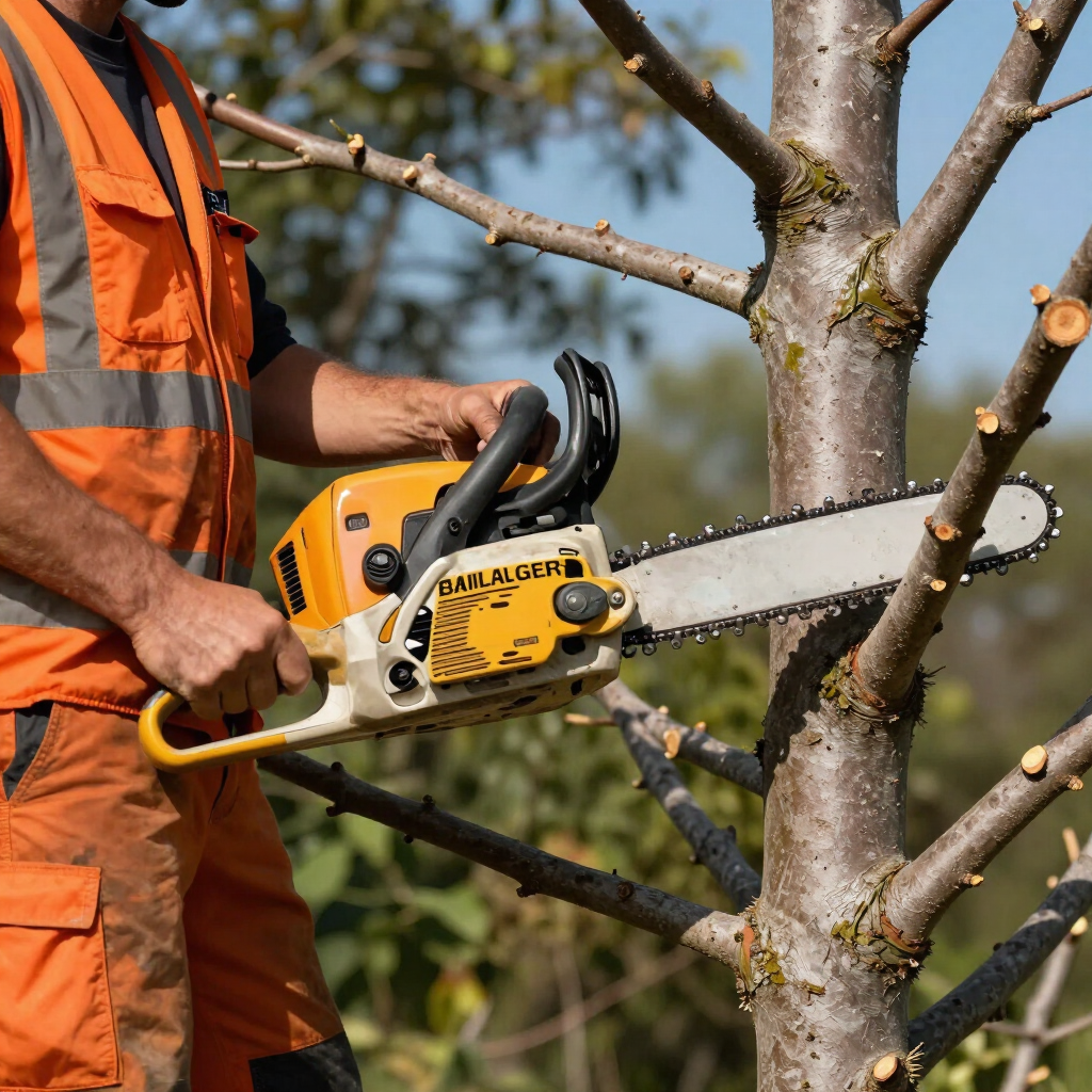 Worker in orange safety gear using a chainsaw to cut a tree branch outdoors