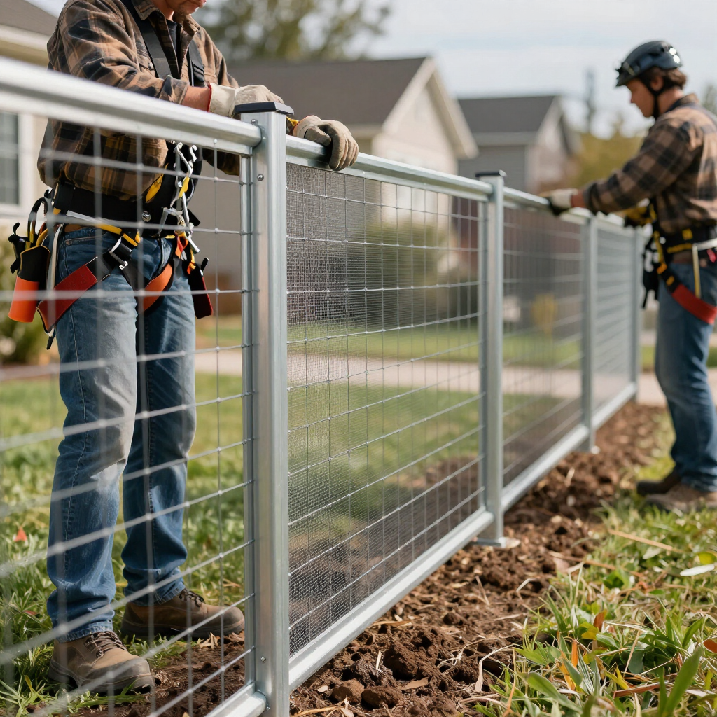 Two workers installing a metal fence along a suburban yard