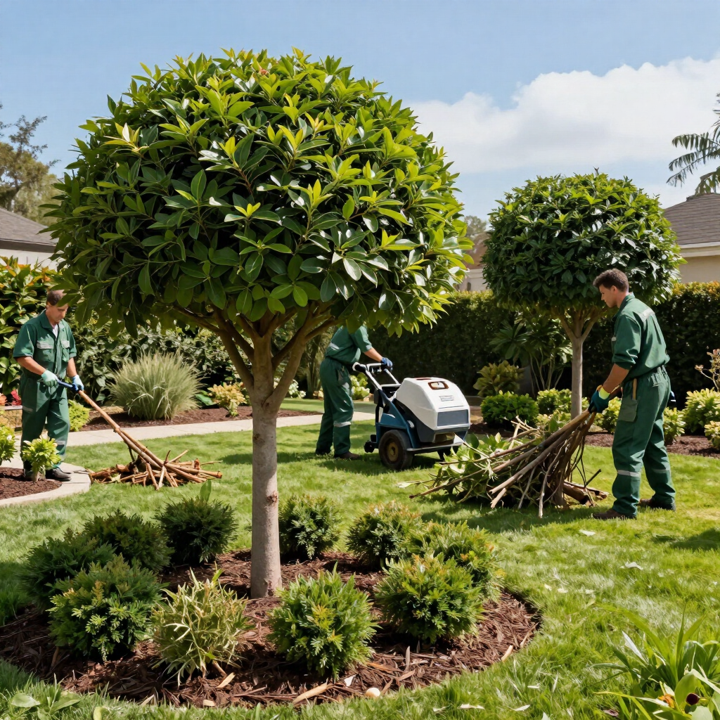 Garden workers trimming and raking around a neatly pruned tree and shrubs on a sunny lawn.