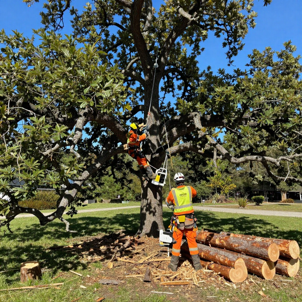 Workers trimming a large tree in a grassy yard beside stacked logs, one in a lift and one on the ground
