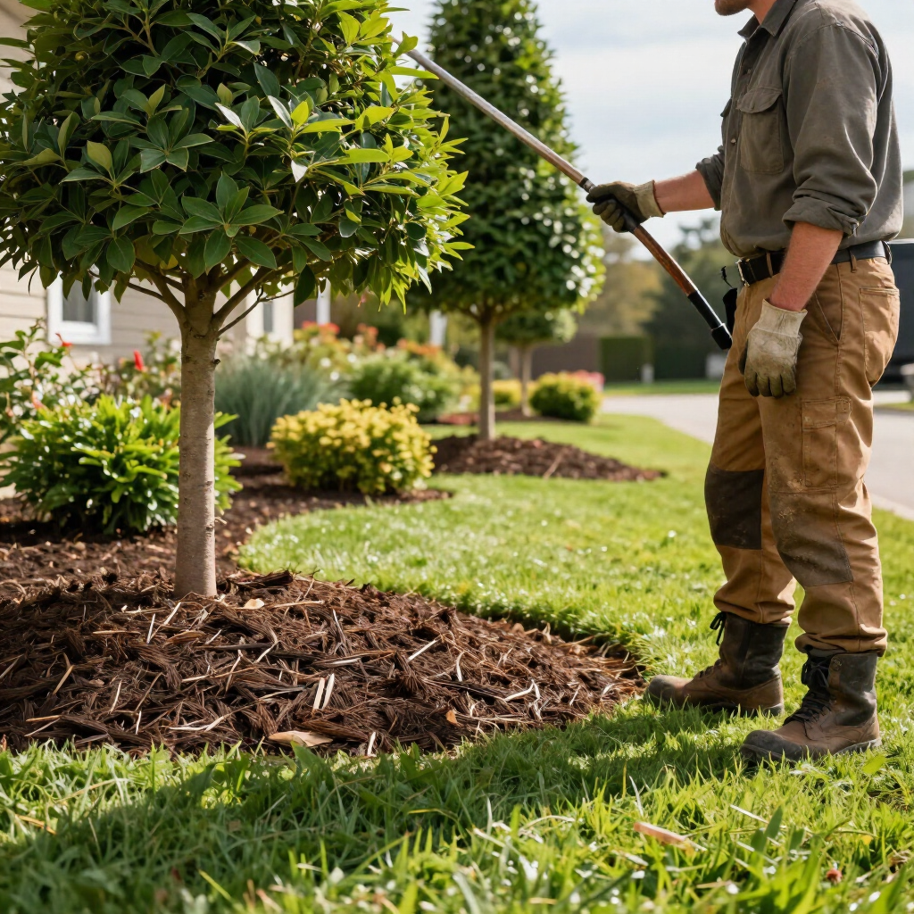 Gardener raking mulch around a trimmed tree in a landscaped garden