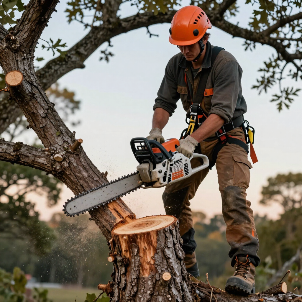Arborist in orange helmet cutting a tree trunk with a chainsaw outdoors.