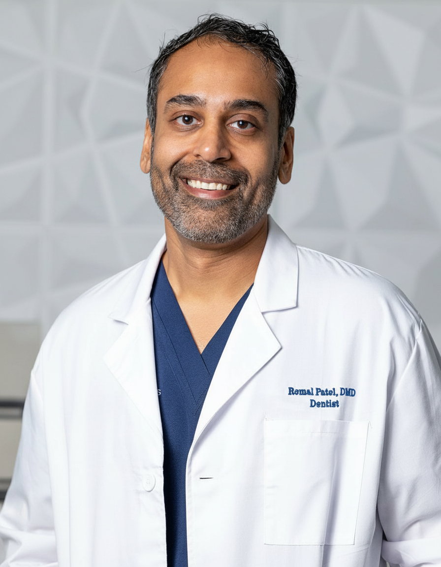 A smiling dentist in a white lab coat over navy blue scrubs, standing in front of a textured gray wall.