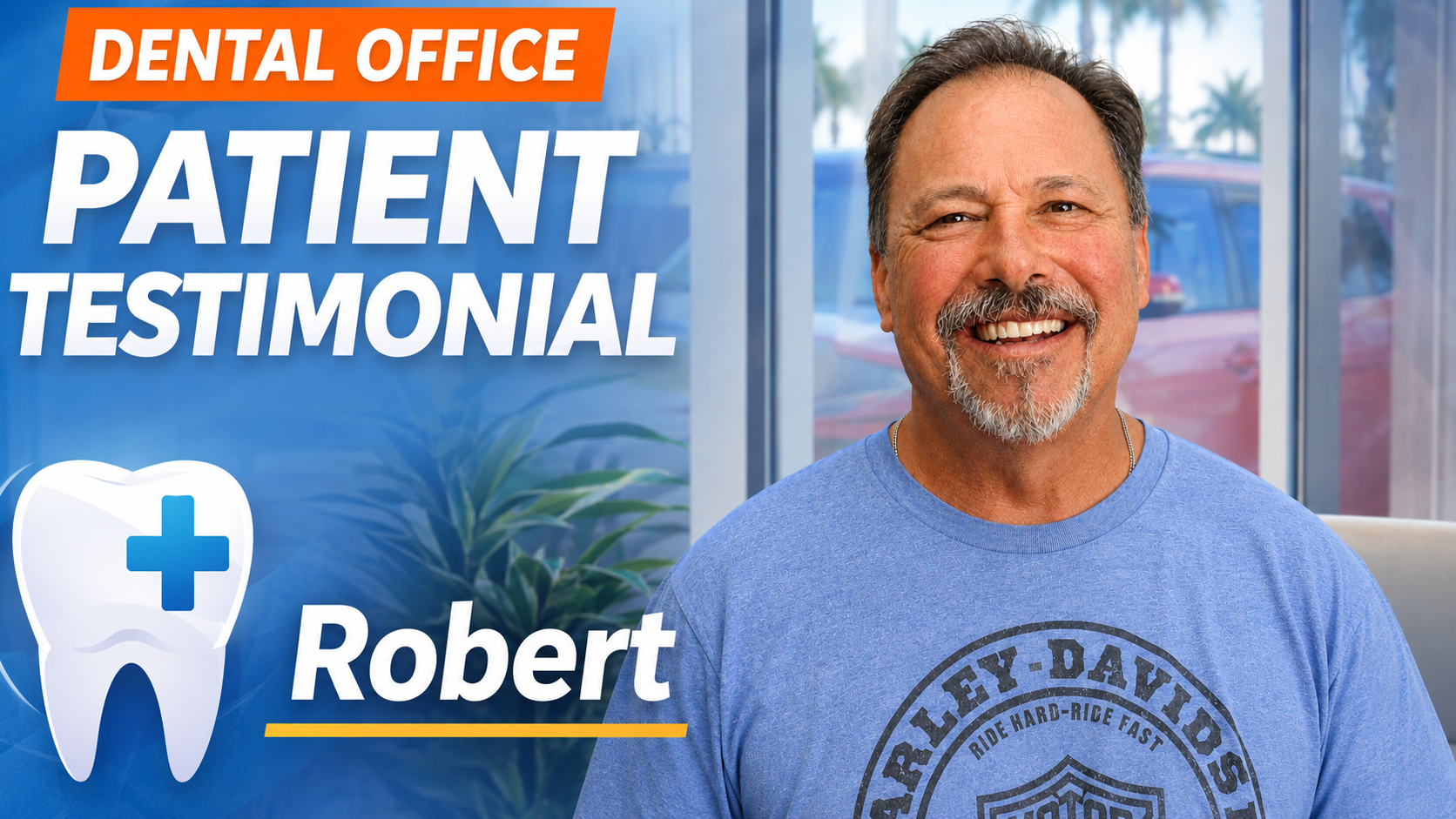 Elderly man with a beard wearing a light blue Harley shirt smiling big