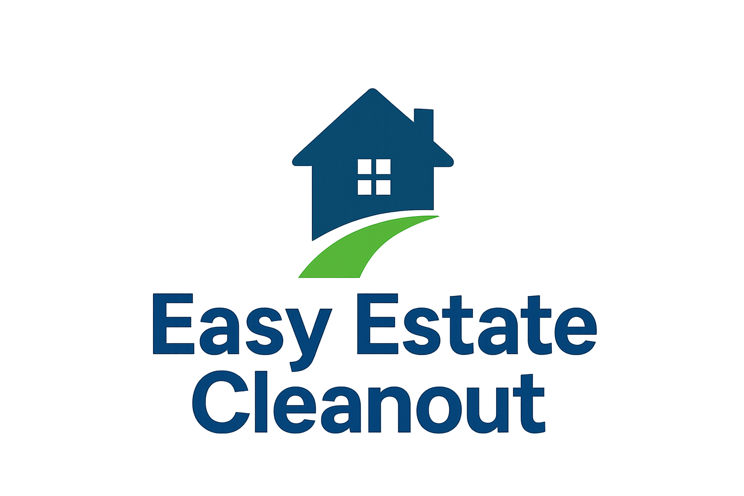 Logo: Dark blue house with a green curved path, "Easy Estate Cleanout" in dark blue text.