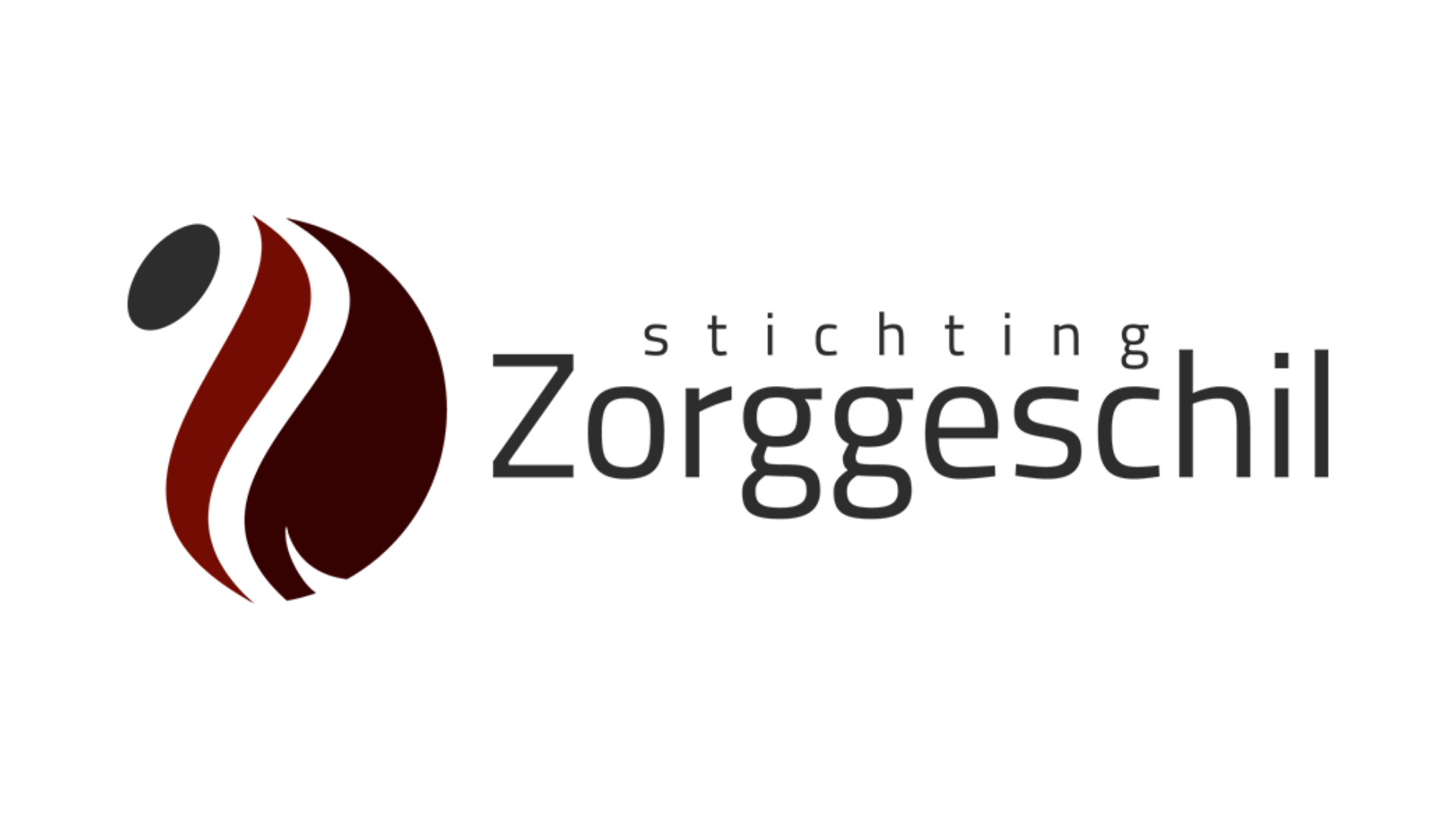 Logo voor "Stichting Zorggeschil" met een abstract rood en zwart ontwerp en tekst.