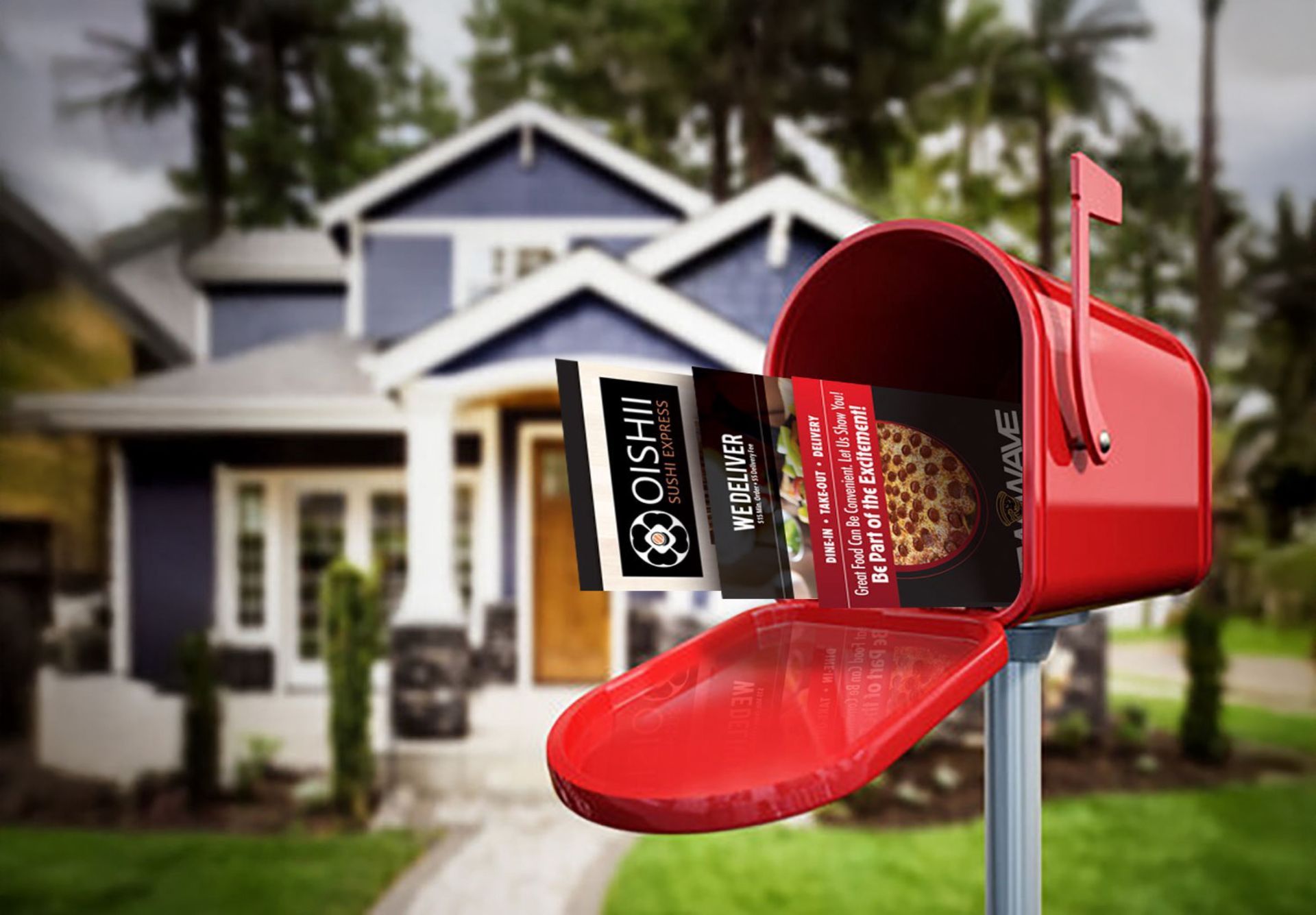 Red mailbox with an open door and mail sticking out, in front of a suburban house.