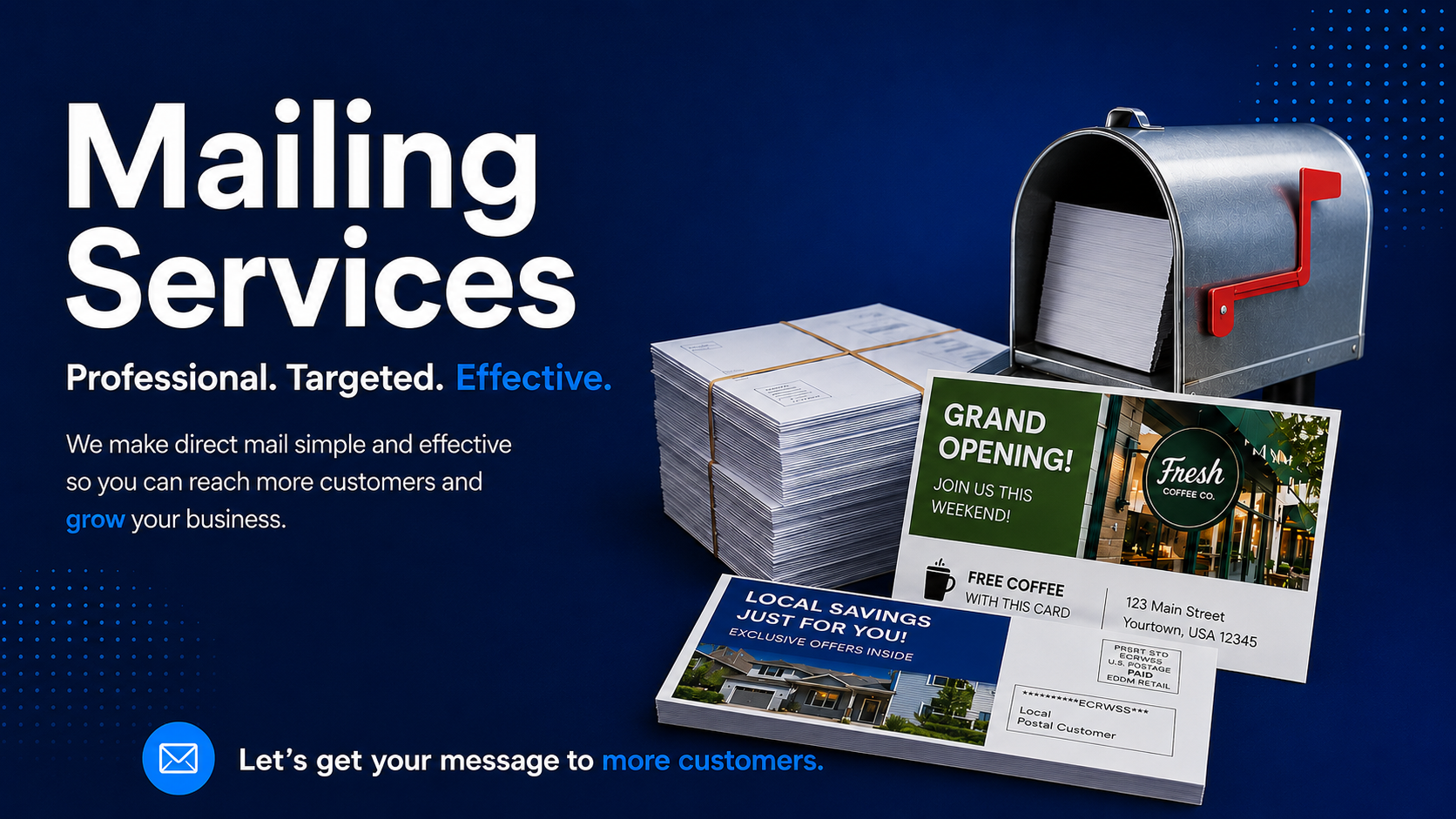Mailing services ad with mailbox, envelopes, and postcards on a blue background.