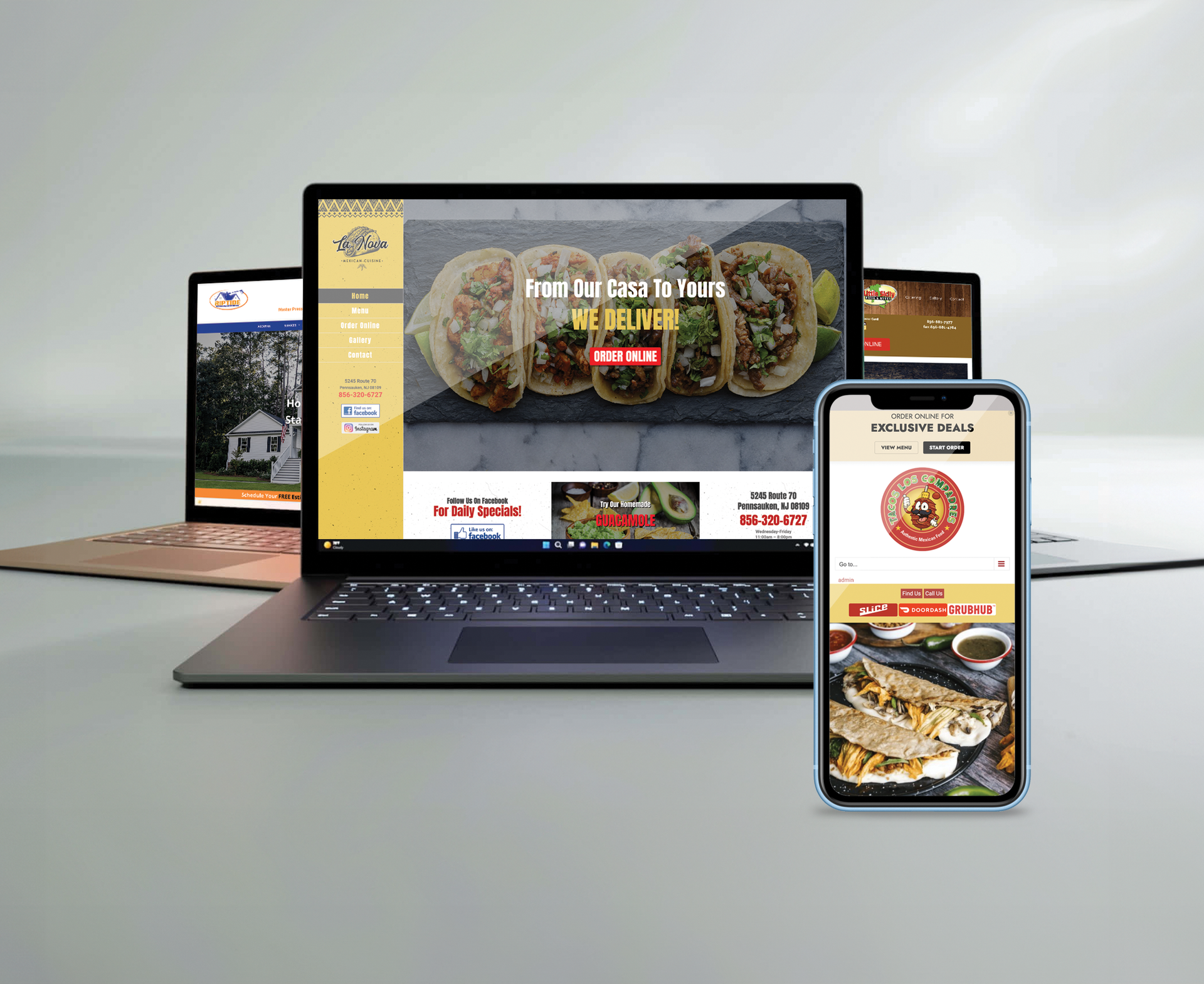Website mockup displayed across laptop, tablet, and phone on a gray background