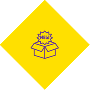 Yellow diamond icon with purple open box and “NEW” label in the center