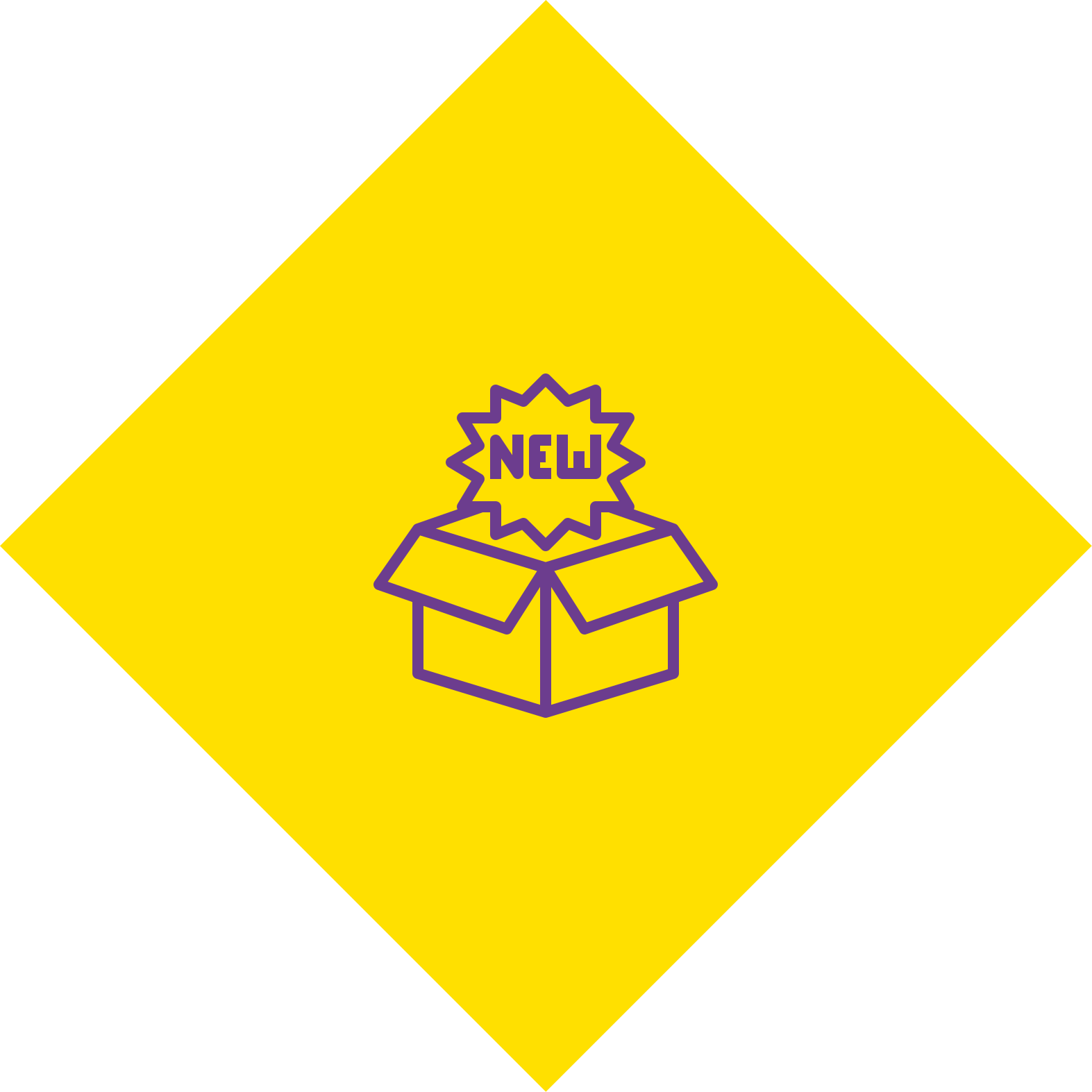 Yellow diamond with a purple open box icon and “NEW” burst in the center.