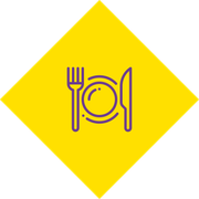 Yellow diamond with purple fork, plate, and knife dining symbol
