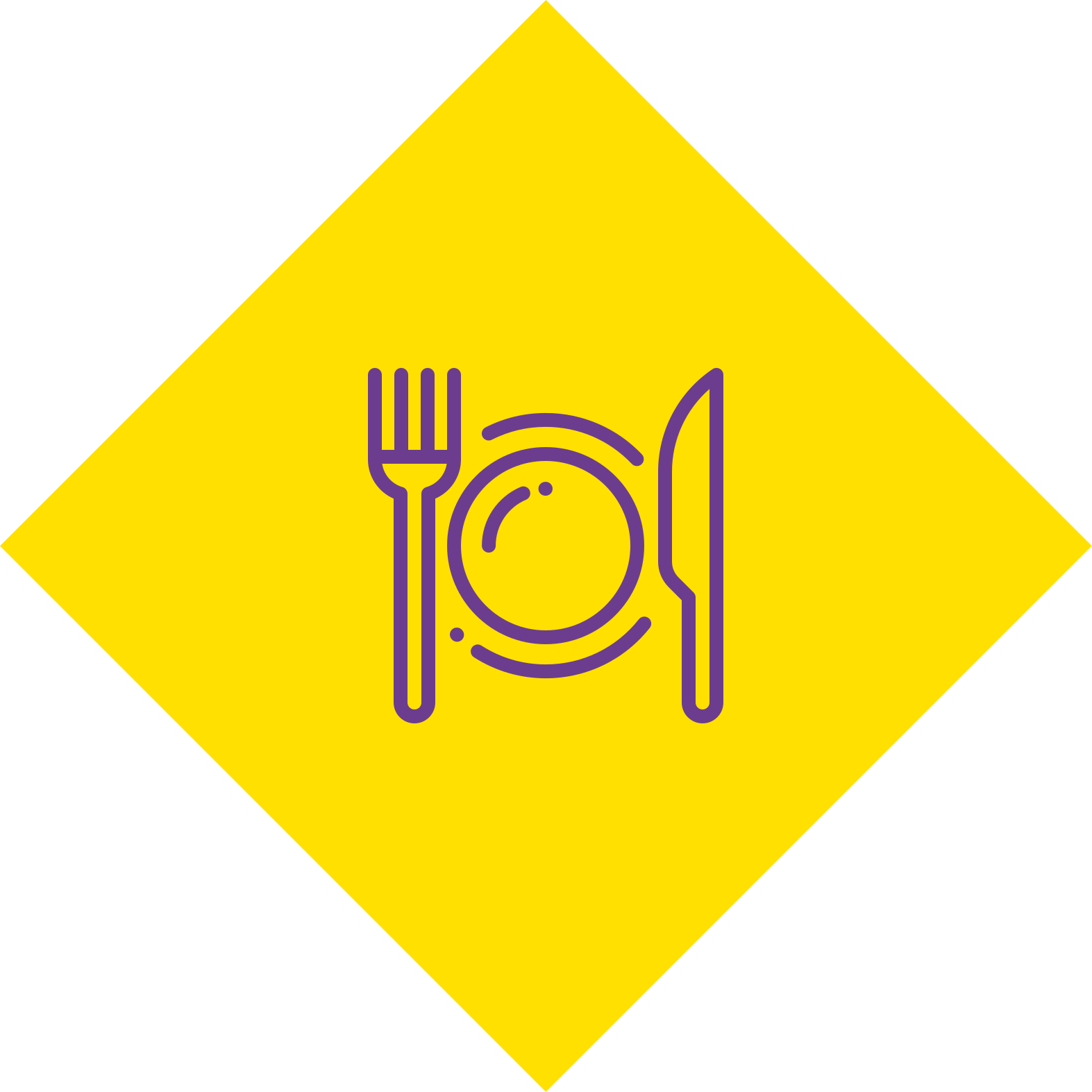 Yellow diamond sign with purple fork, plate, and knife icon