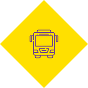 Yellow diamond with a purple bus icon in the center