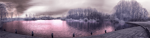 A painting of a lake with trees in the background