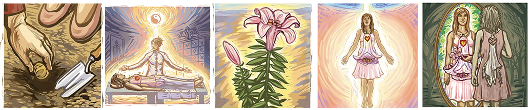 A collage of four paintings of a woman and a tree.