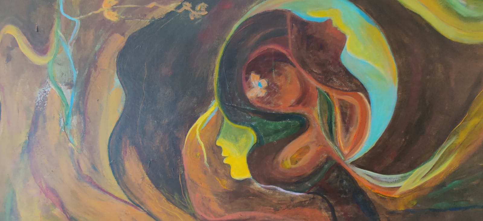 Abstract schilderij met gelaagde vlakken in aardetinten.