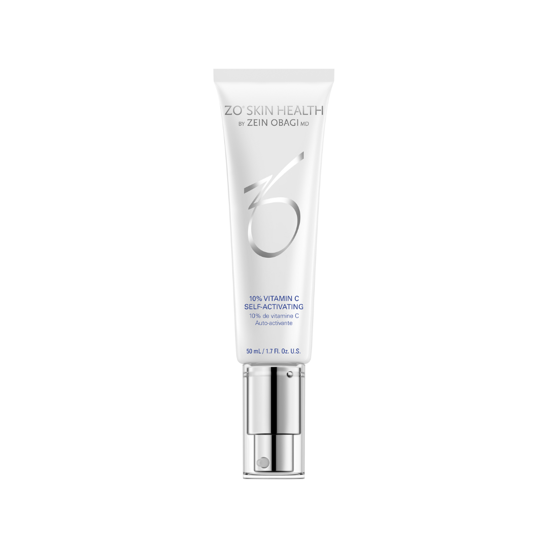 White tube of ZO Skin Health Revitat C serum with silver pump.