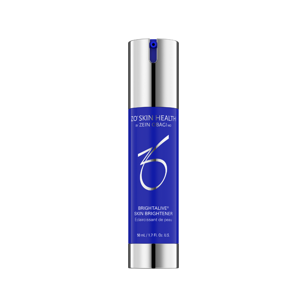 Bottle of ZO Skin Health Brightalive serum. Blue, silver, and white, vertical.