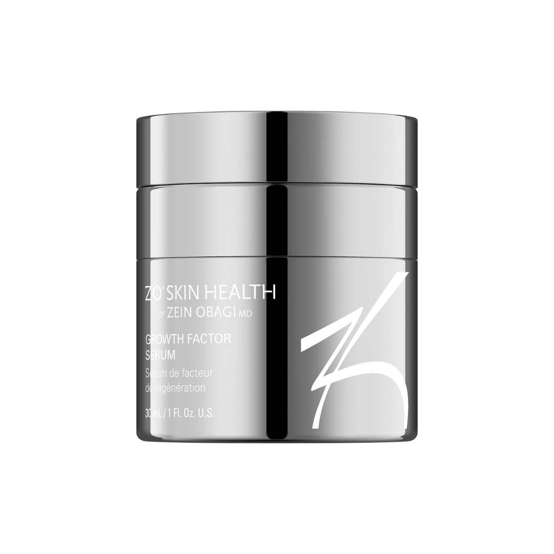 Silver jar of ZO Skin Health Growth Factor Serum.