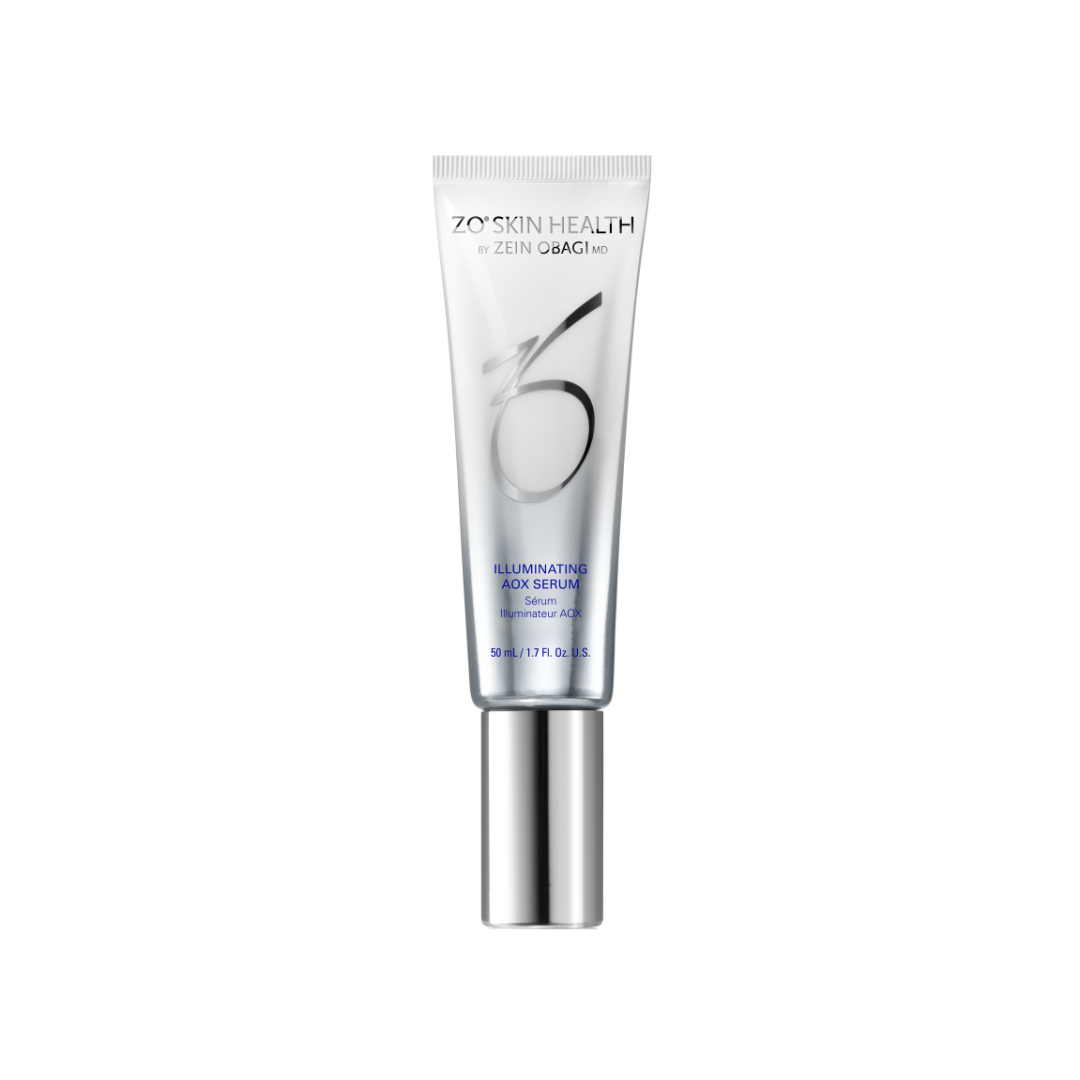 Tube of ZO Skin Health Hydrafirm eye cream. Silver and white packaging.