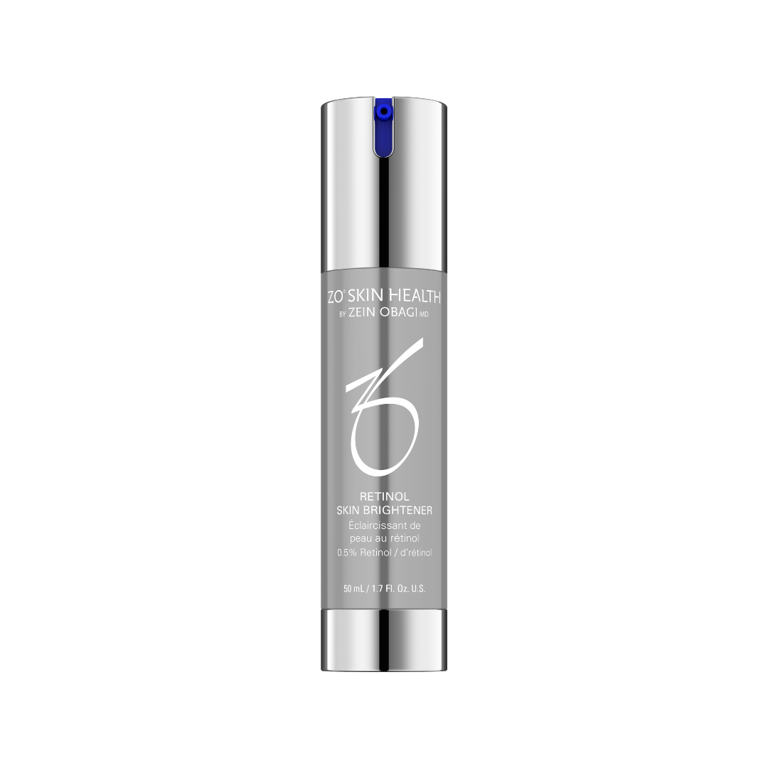 Silver ZO Skin Health Retinol serum bottle with blue pump top.
