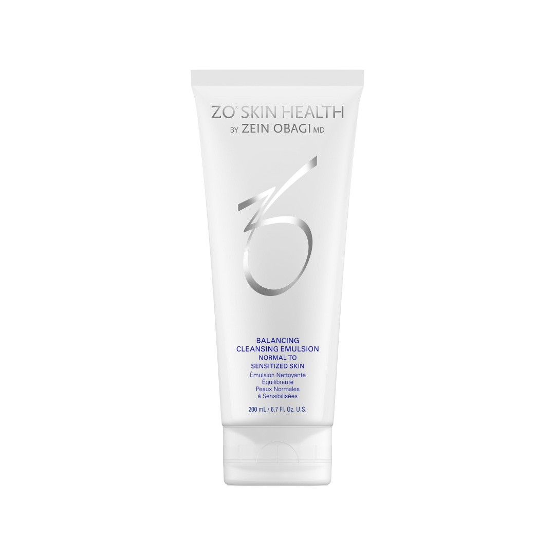 White tube of ZO Skin Health Exfoliating Cleanser, silver logo, text: