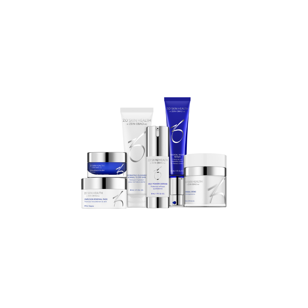 Seven ZO Skin Health skincare products arranged on a white background.
